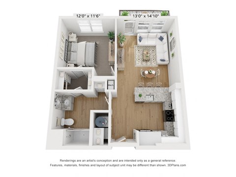Floor plan for 1 bed, 1 bath, 684 sqft